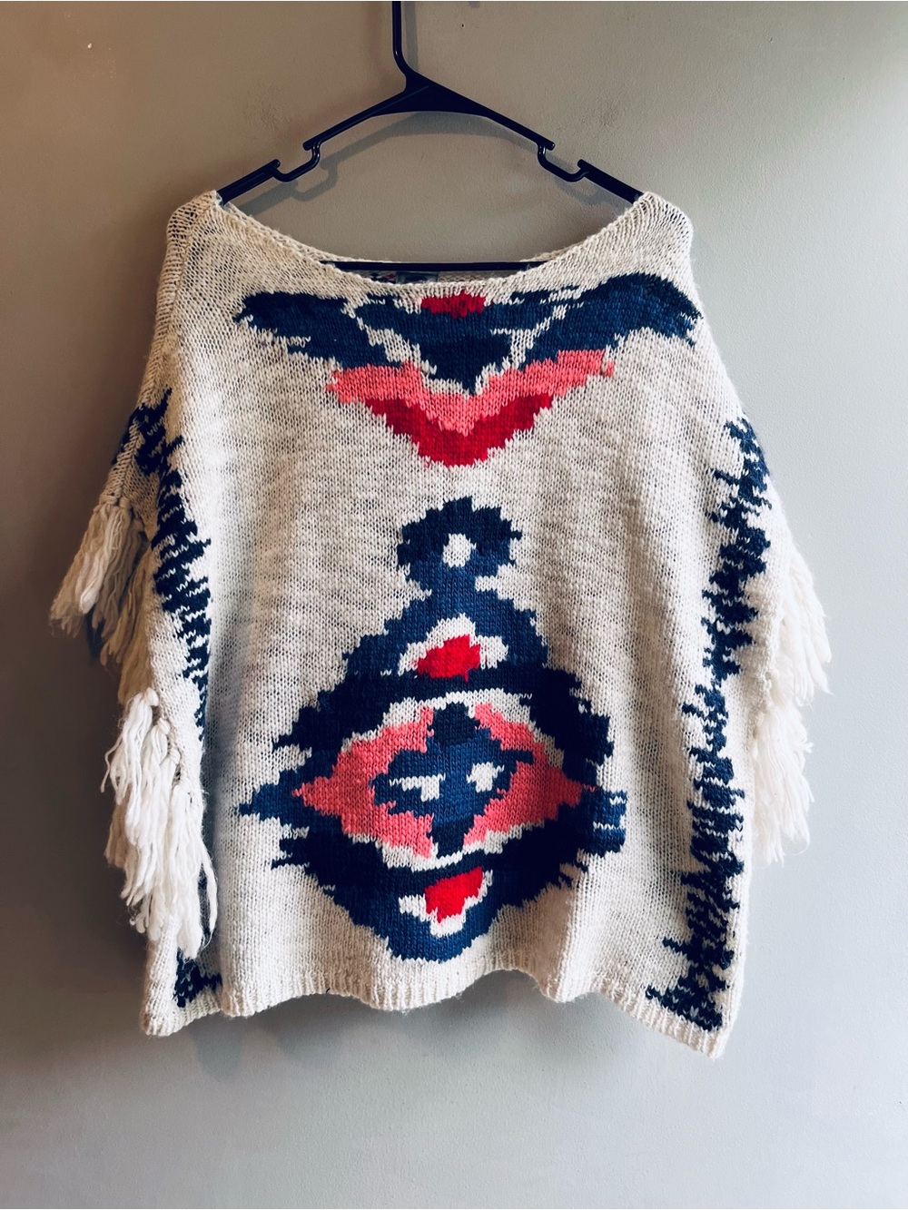 Aerie Cream Fringe Knit Sweater with Navy and Coral Aztec Pattern